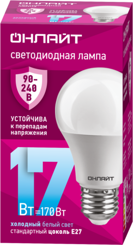 Лампа светодиодная 90 404 OLL-A60-17-230-6.5K-E27 17Вт грушевидная 6500К E27 90-240В PRO ОНЛАЙТ 90404