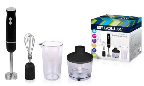 Блендер ELX-BS03-C72 в наборе: измельчитель; мерн. стакан; венчик; блендер 300Вт 220-240В серебр./черн. Ergolux 14726