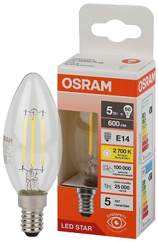 Лампа светодиодная филаментная LSCLB60 5W/827 230VFILCL 5Вт 2700К тепл. бел. E14 600лм B угол пучка 300град. 220-240В (замена 60Вт) прозр. стекло OSRAM 4058075684577