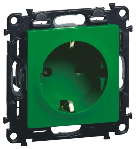 Розетка 1-м СП Valena Life 16А IP20 250В 2P+E защ. шторки безвинтов. клеммы с лицев. панелью механизм зел. Leg 753329