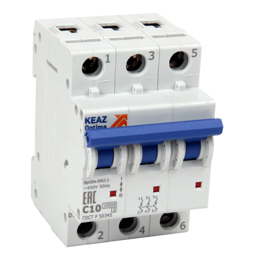 Выключатель автоматический модульный 3п B 4А 10кА OptiDin BM63-3B4-10-УХЛ3 КЭАЗ 262755
