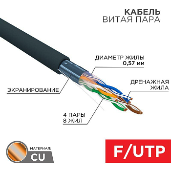 Кабель витая пара F/UTP кат.6 4PR 23AWG solid PE OUTDOOR черн. (м) Rexant 01-0158