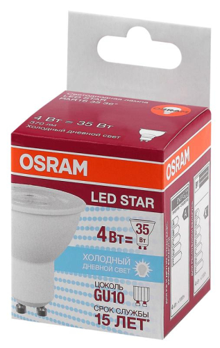 Лампа светодиодная LED STAR PAR16 3536 4W/865 230V GU10 370лм 4Вт (замена 35Вт) 6500К холод. бел. GU10 PAR16 220-240В прозр. пласт. OSRAM 4058075481404