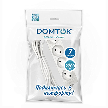 Удлинитель 4х7м без заземл. 10А IP20 2.2кВт ПВС 2х1 бел. DOMTOK 2358
