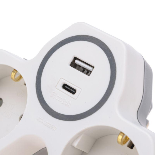 Разветвитель 2-м 16А + USB-A + USB-C с заземл. защ. шторки бел. Rexant 11-1253