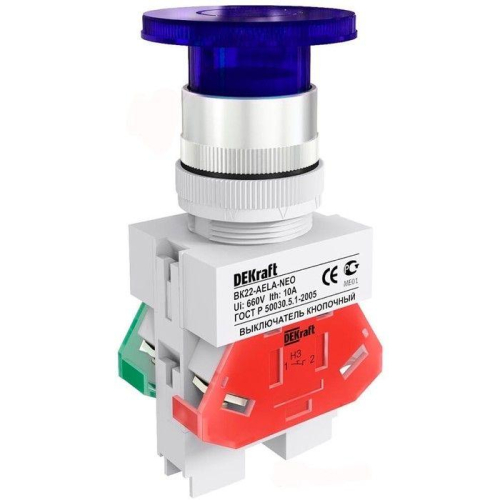 Выключатель кнопочный "Грибок" AELA ВК-22 d22мм 220В неон син. DEKraft 25032DEK