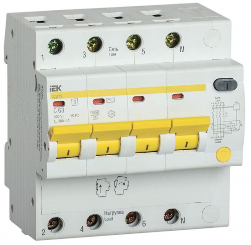 Выключатель автоматический дифференциального тока селективный 4п 63А 300мА тип AC АД14S IEK MAD13-4-063-C-300