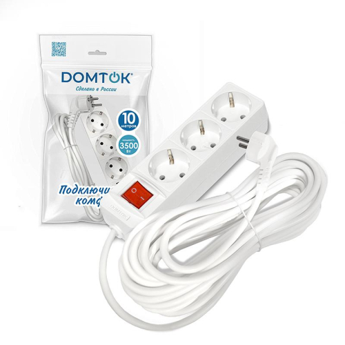 Удлинитель 3х10м с заземл. 16А IP20 3.5кВт ПВС 3х1 с выкл. бел. DOMTOK 2380