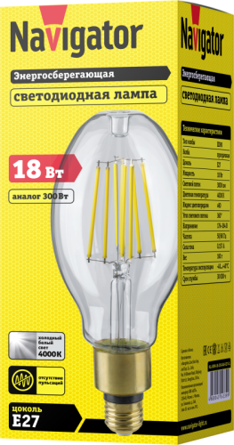 Лампа светодиодная филаментная высокомощная 14 339 NLL-ED90-18-230-840-Е27-CL 18Вт прозрачная 4000К нейтр. бел. E27 3000лм 176-264В Navigator 14339