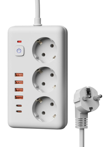 Удлинитель с сетевым фильтром 3х1.5м 10А 4USB + 2USBC 2500Вт ПВС 3х1 прямоуг. бел. КОСМОС FKsm1.5m-3gPF(W)USB
