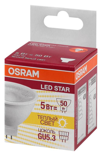 Лампа светодиодная LED STAR MR16 50110 5W/830 230V GU5.3 400лм 5Вт (замена 50Вт) 3000К тепл. бел. GU5.3 MR16 220-240В прозр. пласт. OSRAM 4058075481169