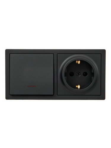 Блок ОП LETO (1-кл. выключатель с индикацией + 1-м розетка с заземл.) горизонт. черн. бархат LEZARD 752-4200-170BIP