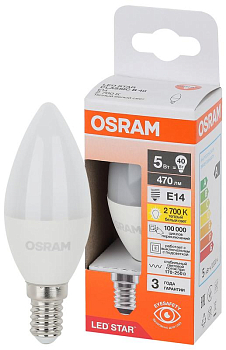 Лампа светодиодная LED Star 5Вт 2700К тепл. бел. E14 470лм B угол пучка 200град. 170-250В (замена 40Вт) матов. пластик OSRAM 4058075695986