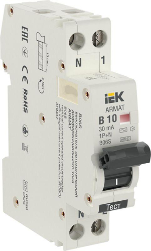 Выключатель автоматический дифференциального тока 2п (1P+N) B 10А 30мА тип AC АВДТ B06S 18мм ARMAT IEK AR-B06S-1N-B10C030