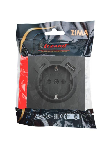 Розетка 1-м СП ZIMA IP20 Type-C + USB с заземл. механизм черн. бархат LEZARD 704-4288-181TC