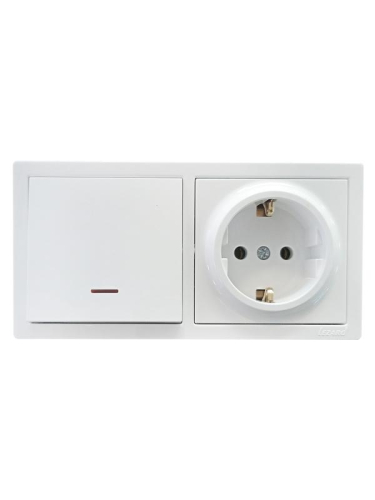 Блок ОП LETO (1-кл. выключатель с индикацией + 1-м розетка с заземл.) горизонт. бел. LEZARD 752-0200-170BIP