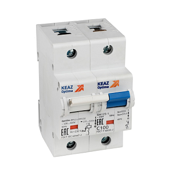 Выключатель автоматический модульный 1п C 100А 10кА OptiDin BM125-1C100-НР-8ln-УХЛ3 с независимым расцепителем КЭАЗ 336363