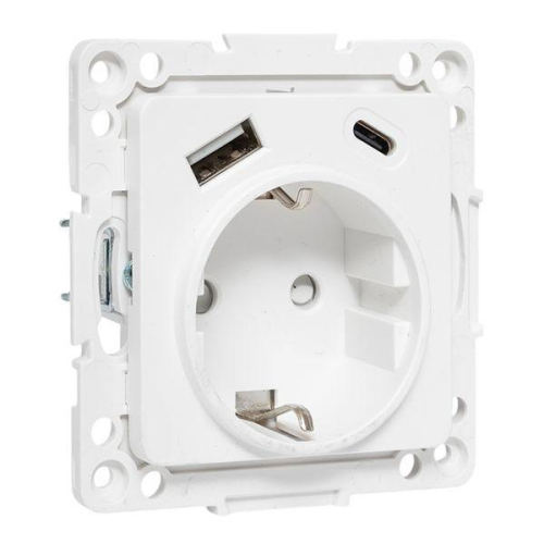 Розетка 1-м СП Стокгольм 16А USB A+C с заземл. защ. шторки винтов. клеммы механизм бел. EKF EYR16-2USB-typeA-typeC