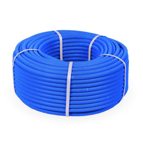 Труба гофрированная ПП тяжелая d16мм с протяжкой 750 Н безгалоген. (HF) син. (уп.100м) Промрукав PR02.0055