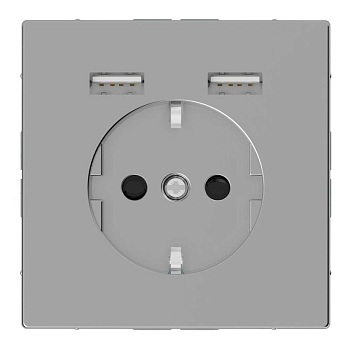 Розетка 3-м СП Merten D-Life 16А IP20 Schuko с 2-мя заряд. устройствами USB 2.4А нерж. сталь SchE MTN2366-6036