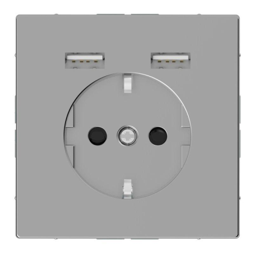 Розетка 3-м СП Merten D-Life 16А IP20 Schuko с 2-мя заряд. устройствами USB 2.4А нерж. сталь SchE MTN2366-6036