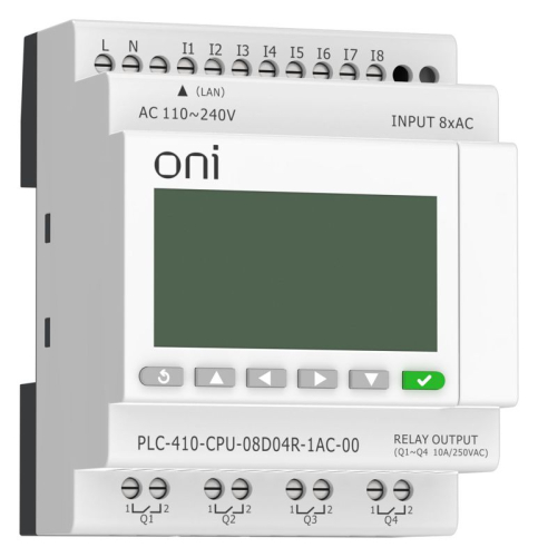 Модуль ЦПУ ПЛК 410 8 DI 4 RO 220В AC с Ethernet портом с экраном ONI PLC-410-CPU-08D04R-1AC-00