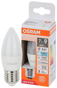 Лампа светодиодная LED Star 7Вт 6500К холод. бел. E27 600лм B угол пучка 200град. 170-250В (замена 60Вт) матов. пластик OSRAM 4058075697010