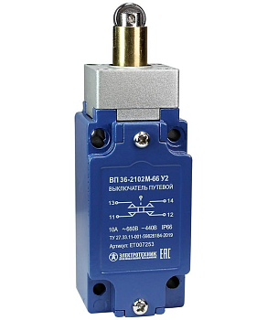 Выключатель путевой ВП 36-2102М-66 У2 толкатель с роликом 1з+1р безинерционный 30х60мм без сальника 3А IP66 Электротехник ET007253