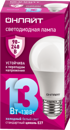 Лампа светодиодная 90 402 OLL-A60-13-230-6.5K-E27 13Вт грушевидная 6500К E27 90-240В PRO ОНЛАЙТ 90402