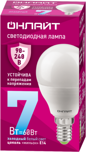 Лампа светодиодная 90 420 OLL-G45-7-230-6.5K-E14-FR 7Вт шар 6500К E14 90-240В PRO ОНЛАЙТ 90420