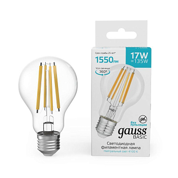 Лампа светодиодная филаментная Basic Filament А60 17Вт 4100К Е27 1550лм GAUSS 10212272