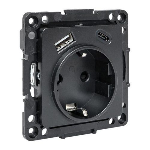 Розетка 1-м СП Стокгольм 16А USB A+C с заземл. защ. шторки винтов. клеммы механизм черн. EKF EZR16-2USB-typeA-typeC