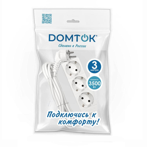 Удлинитель 3х3м с заземл. 16А IP20 3.5кВт ПВС 3х1 бел. DOMTOK 2391