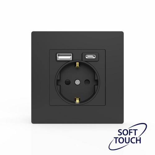 Розетка 1-м СП Pixel с заземл. с 2-мя заряд. устр. USB тип A+C IP20 механизм карбон TOKOV ELECTRIC TKE-PX-R1U2AC-C14