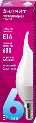 Лампа светодиодная 61 131 OLL-FC37-6-230-6.5K-E14-FR 6Вт свеча на ветру 6500К холод. бел. E14 600лм 176-264В ОНЛАЙТ 61131