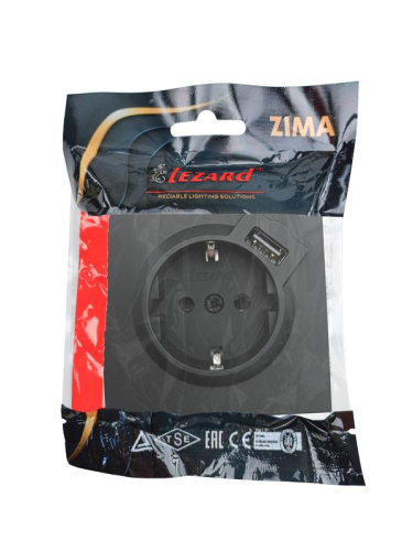 Розетка 1-мест. с/з+USB разъем СП ZIMA IP20 черн. бархат LEZARD 704-4288-181