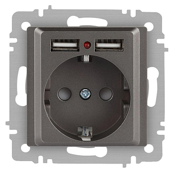 Розетка Accent 6-410-09 P+E Schuko со шторками 16А-250В + 2хUSB IP20 СУ титан Intro Б0063711