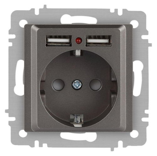Розетка Accent 6-410-09 P+E Schuko со шторками 16А-250В + 2хUSB IP20 СУ титан Intro Б0063711