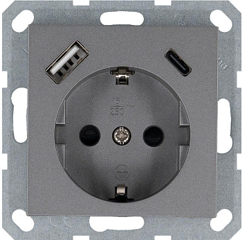 Розетка Shuko 16А с заземл. защ. шторки с 2-мя заряд. устройствами USB тип A+C 25Вт механизм алюм. Jasmart G5501USB-25S