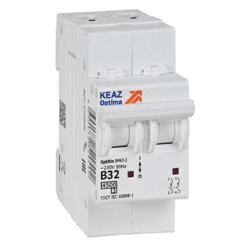 Выключатель автоматический модульный 2п B 32А 4.5кА OptiDin BM63-2B32-4.5-УХЛ3 КЭАЗ 329513