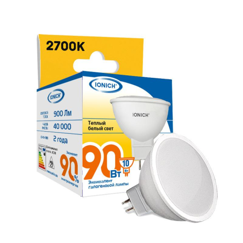 Лампа светодиодная MR16 10Вт 2700К GU5.3 900лм 230В тепл. бел. IONICH 1790