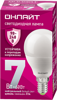 Лампа светодиодная 90 419 OLL-G45-7-230-4K-E14-FR 7Вт шар 4000К E14 90-240В PRO ОНЛАЙТ 90419