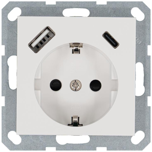 Розетка Shuko 16А с заземл. защ. шторки с 2-мя заряд. устройствами USB тип A+C 25Вт механизм бел. глянцевый Jasmart G5501USB-25W