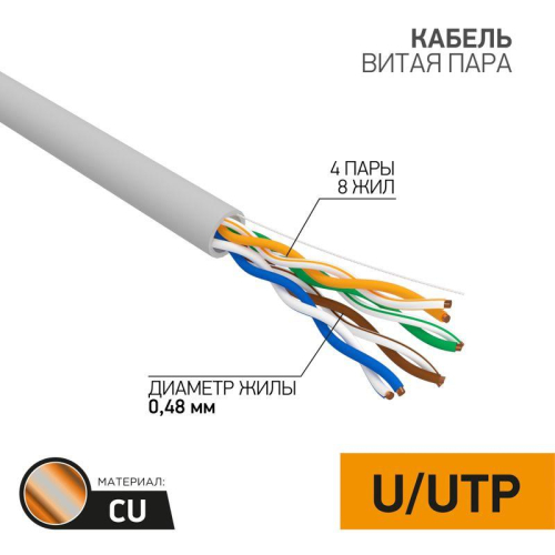 Кабель витая пара U/UTP кат.5E 4х2х24AWG CU медь 100МГц PVC сер. (уп.25м) PROCONNECT 01-0052-25