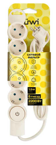 Фильтр сетевой 5х1.5м с/з с выкл 2кВт 10А/2 сл. кость Duwi 32570 3