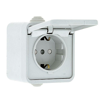 Розетка 1-м ОП Прага 16А IP44 с заземл. защ. шторки с крышкой бел. EKF EKR16-029-10-440
