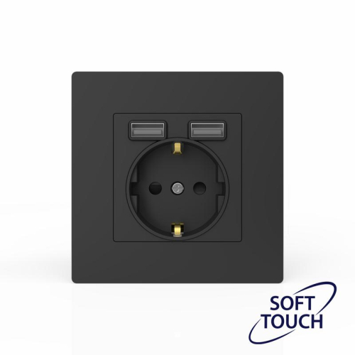 Розетка 1-м СП Pixel с заземл. с 2-мя заряд. устр. USB тип A+A IP20 механизм карбон TOKOV ELECTRIC TKE-PX-R1U2A-C14