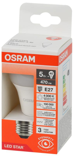 Лампа светодиодная LED Star 5Вт 4000К нейтр. бел. E27 470лм A угол пучка 180град. 170-250В (замена 40Вт) матов. пластик OSRAM 4058075695597