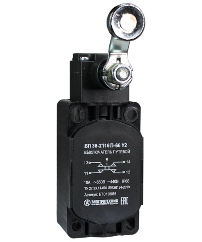 Выключатель путевой ВП 36-2116П-66 У2 рычаг со стальным роликом 1з+1р безинерционный 30х60мм без сальника 3А IP66 Электротехник ET010885