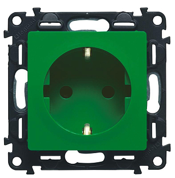Розетка 1-м СП Valena Life 16А IP20 250В 2P+E защ. шторки безвинтов. клеммы с лицев. панелью механизм зел. Leg 753329
